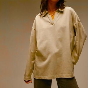 Topshop Premium Oversized Long Sleeve Brown Tan Polo, Small